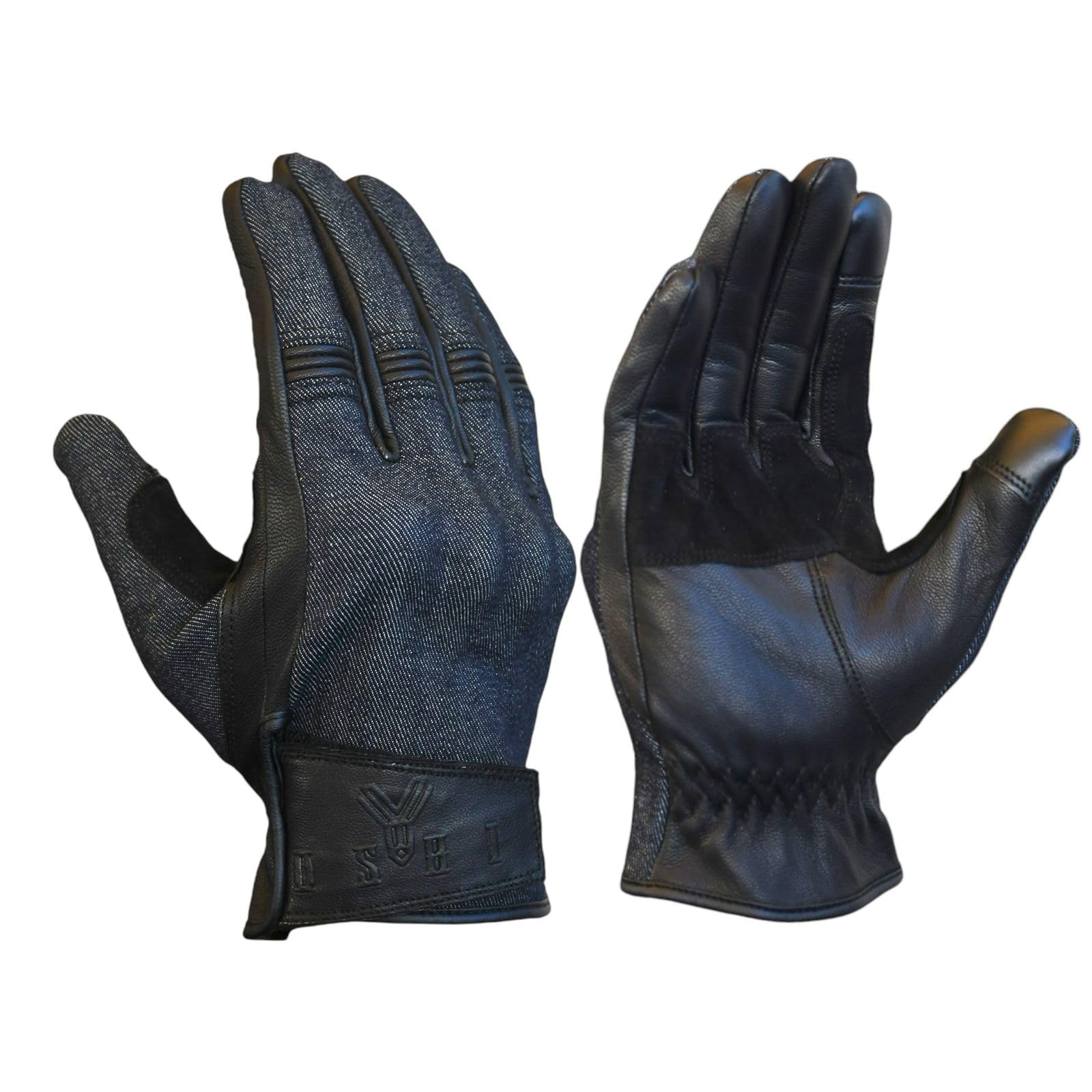 

Stretch denim and goat leather biker available in three colors and with protective touchscreen for motorcycles and cycling gloves, (black, tan, чёрный