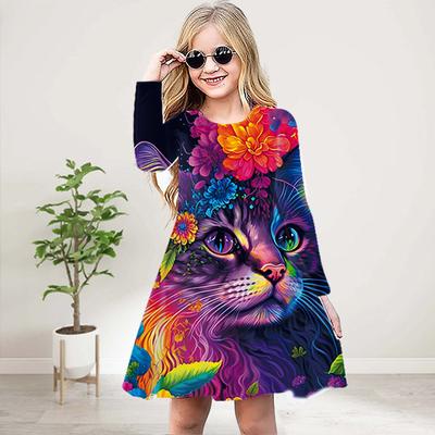 Menina Casual 3D Impressão Roxo Flor Gato Em torno Do Pescoço Manga Longa Vestido Criança Princesa Vestido