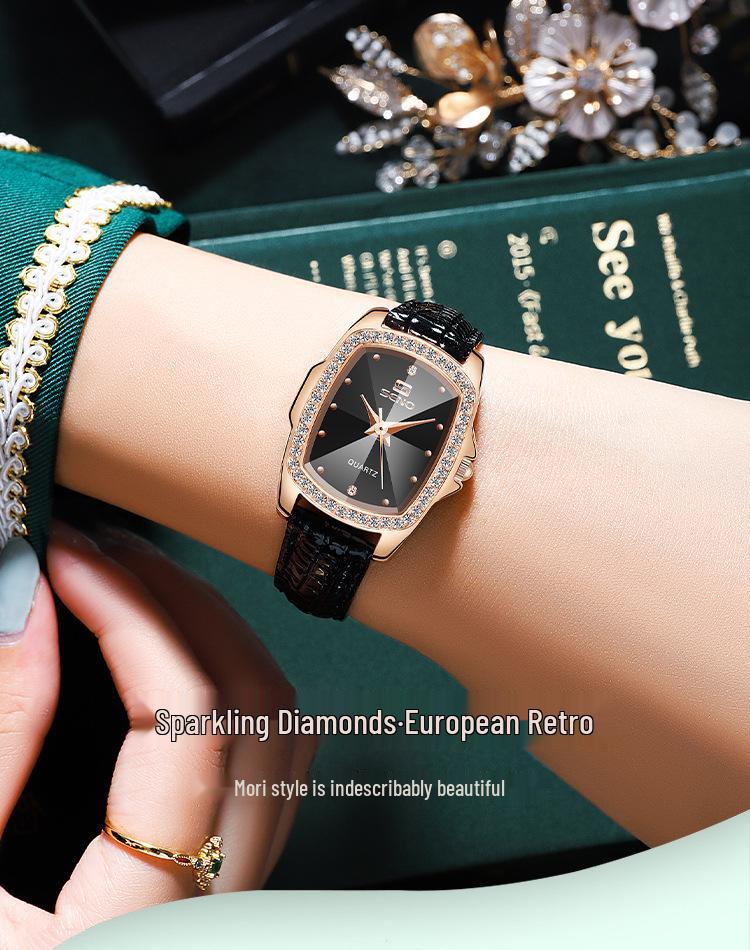 SENO Retro Square Diamond Damen Lederarmbanduhr - Schlichtes Wasser-Diamant-Quarzdesign