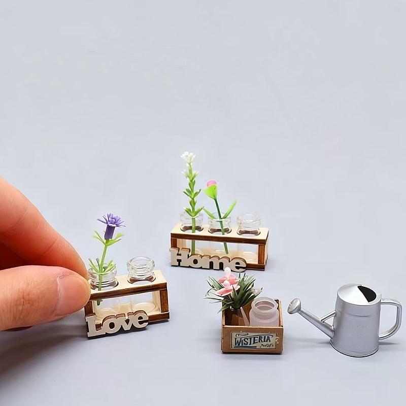 1Pcs Mini Glass Flower Vase Model 1:12 Dollhouse Miniature Hydroponic Wooden Flower Arrangement Stand Diy Home Garden Decor Toys