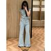 Korean Sweet Denim Suit Women's Summer New Short-sleeved Top High-waisted Wide-leg Pants Two-piece Set Shows High Wear Trendy