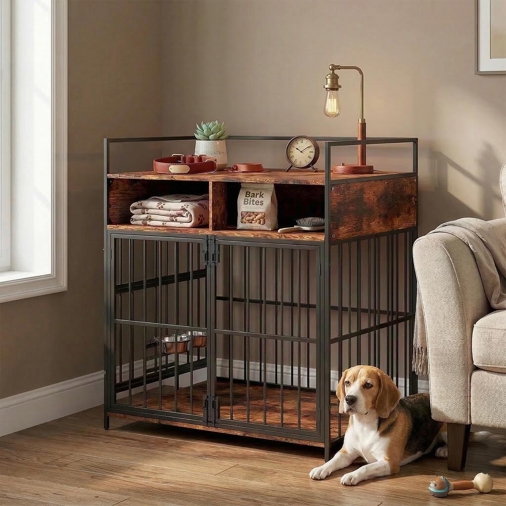 Dog Crate Furniture, Dog Cage with Rotatable Feeding Station and Storage Shelves, End Side Table Indoor Pet Kenne