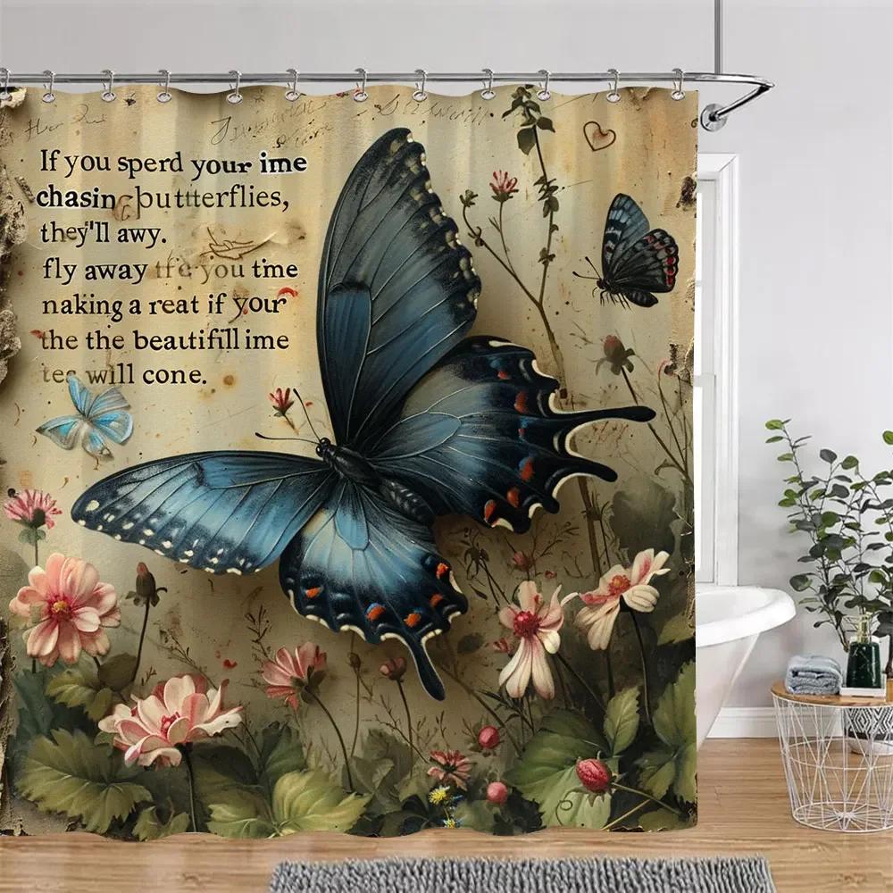 Bohemian Vintage Butterfly Shower Curtain Botanical Floral Astrological Insects Polyester Fabric Shower Curtains Bathroom Decor
