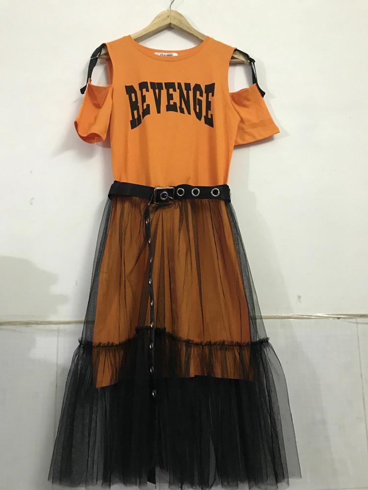 Letní nové dámské dopisní potisk Dlouhé triko bez ramínek Šaty+síťovaná sukně 2dílné sady Módní tylové obleky s páskem