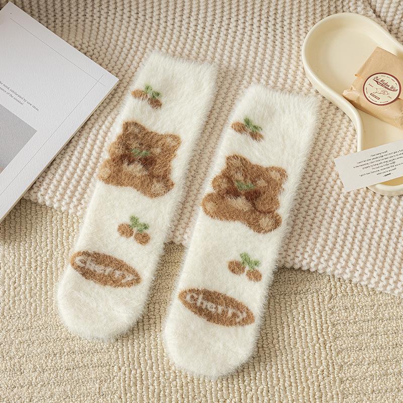 Șosete roz dulce cu iepurași și fundă, imitație nurcă, iarnă, pluș, calde, de casă, pentru dormit, ins japonez, desene animate, drăguțe, cu blană, șosete tub