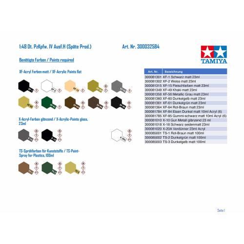 Tamiya 1/48 Military Miniature Series No. 84 German Army Panzer IV Ausf. H Late Production Plastic Model 32584