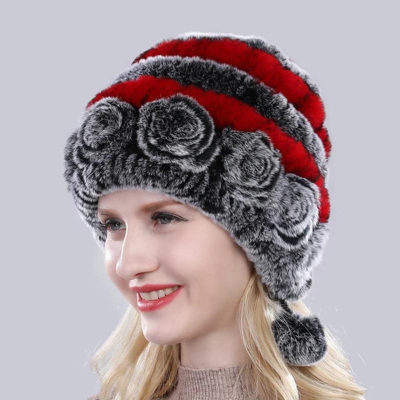 Hot Sale Winter Women Flowers Striped Natural Real Rex Rabbit Fur Hats Lady Warm Knit Genuine Fur Caps Russian Outdoor Fur Hats
