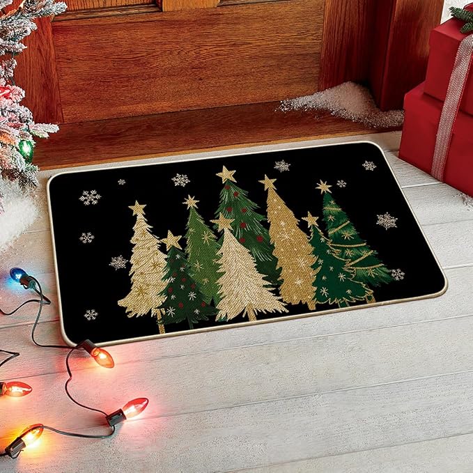 Christmas Carpet Mat Rug Red Background with Green Gold Tree Pattern MERRY CHRISTMAS Text Non-slip Floor Mat for Home Decoration 30x50cm