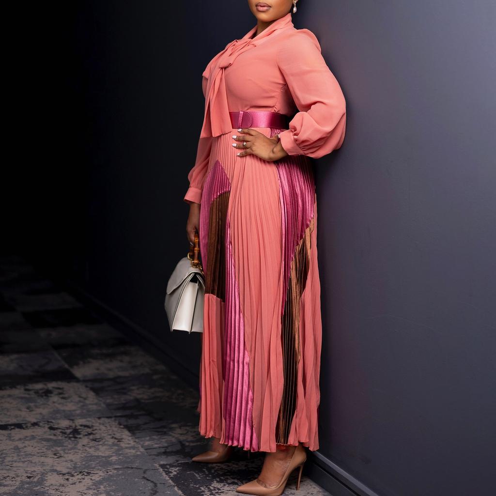 Damen Übergröße Herbst Neues Schnürkleid mit Plissee und langen Ärmeln Farblich passendes Temperament Elegantes Kleid