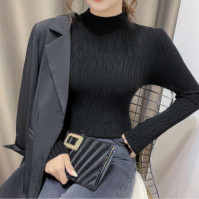 Autumn Winter Knitted High Neck Sweater Women's Solid Color Stretch Slim Bottoming Shirt All-mach Wrinkle Pullover Jumper Top