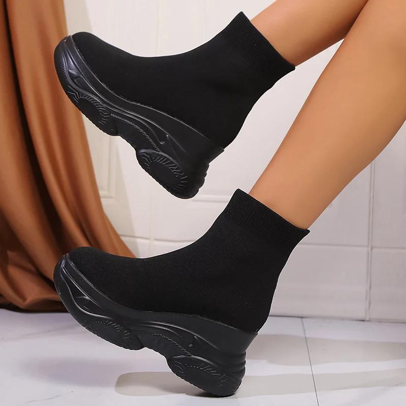 Fashion Chunky Platform Knitted Sneakers for Women High Top Comfortable Sports Shoes Woman Thick Bottom Elastic Slip On Socks Sneakers