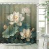 Asian Lotus Floral Shower Curtain Rustic Zen Vintage White Flowers Farmhouse Chinese Japanese Style Relax Plants Green Leaves