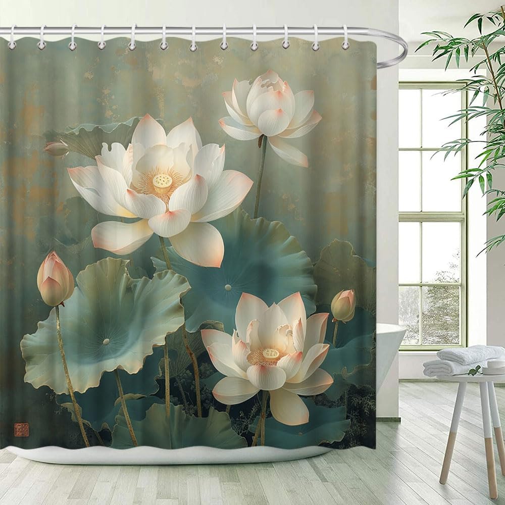 Asian Lotus Floral Shower Curtain Rustic Zen Vintage White Flowers Farmhouse Chinese Japanese Style Relax Plants Green Leaves