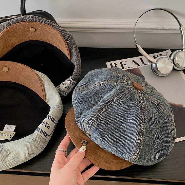 Japanese Suede Splicing Denim Newsboy Hat Women Wash Old Beret Retro Literary And Casual Painter Hat