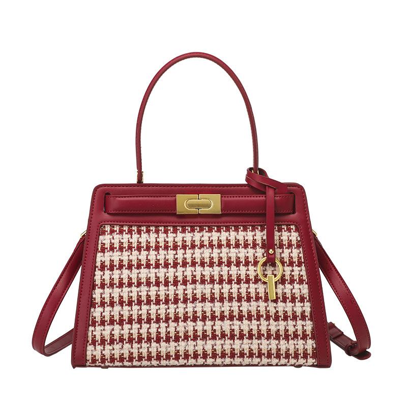 Rote Hochzeits Tasche 2024 neues Modell für Damen, Nischen Braut Tasche, Karomuster Pendler Kelly Tasche, Nischen Tragetasche