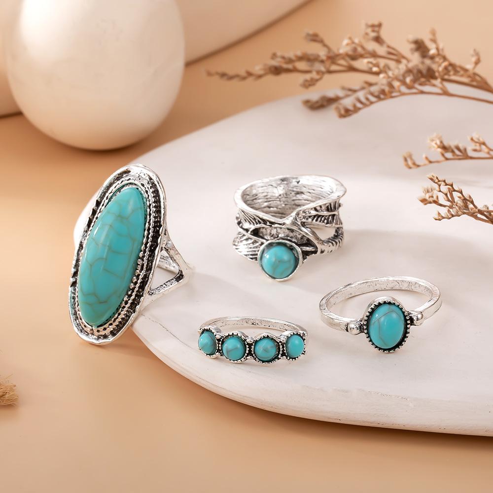 4Pcs Lady's Retro Ring - Bohemian Style Green Turquoise Finger Ring