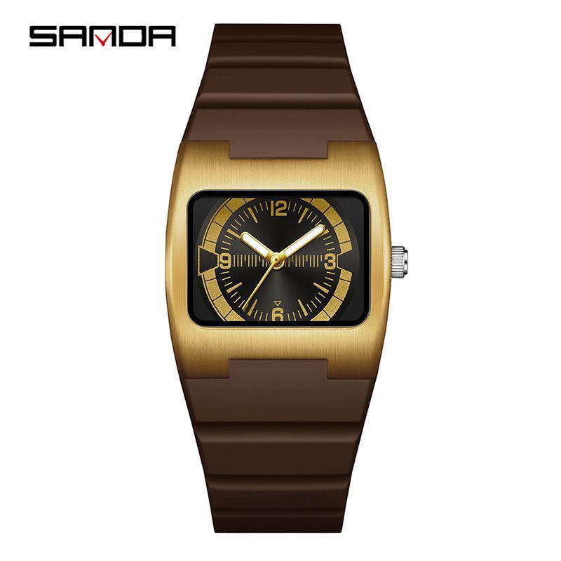 Мужские часы Sanda Retro Квадратные Кварцевые Светящиеся Водонепроницаемые кофейный/золотой