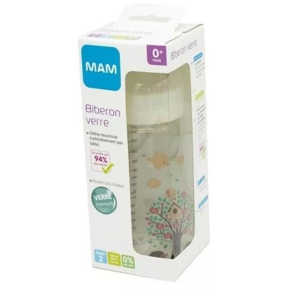 Biberon en verre MAM Hérisson Blanc 260ml - 0 à 6 mois - Tétine Débit 2