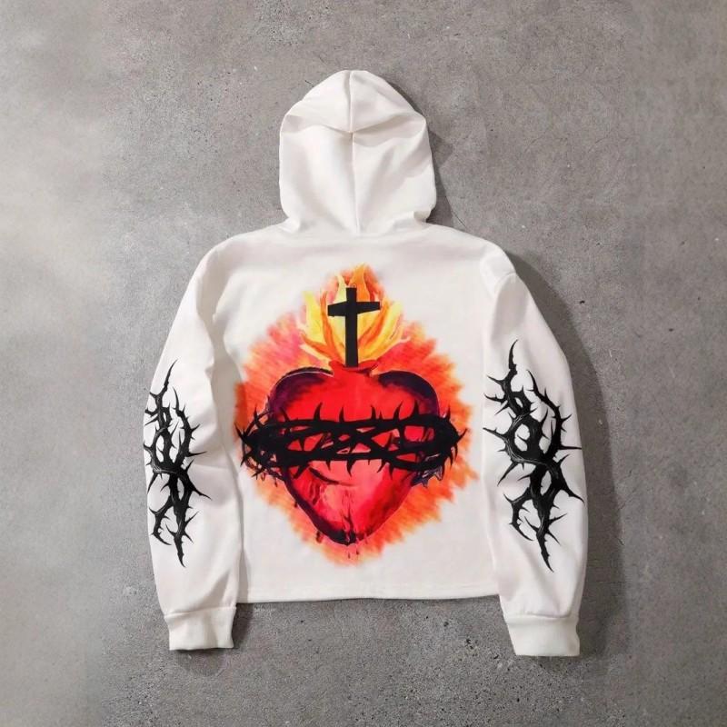 Mens Oversized Hooded Sweatshirt White Digital Print Streetwear Casual Long Sleeve