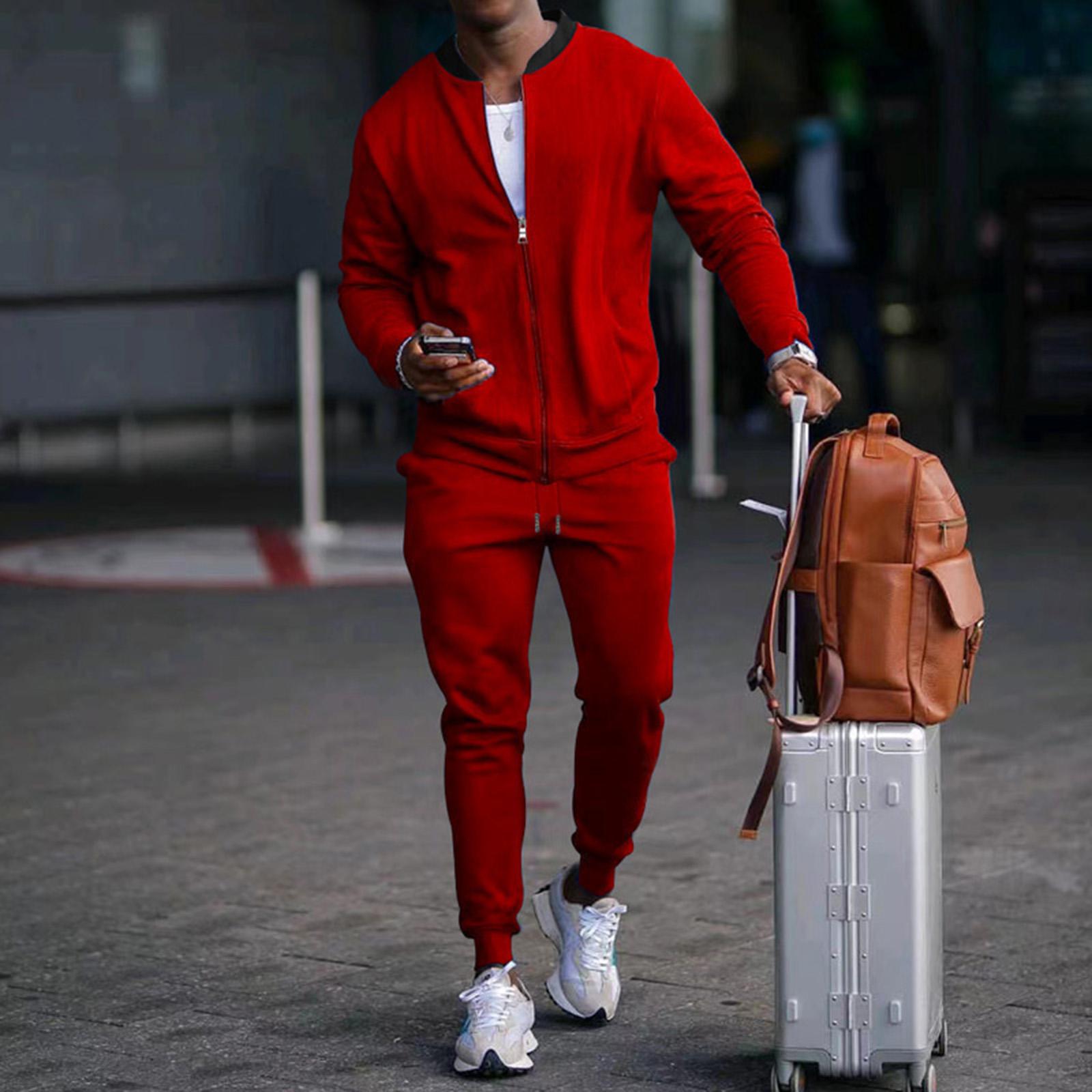 Men s Round Neck Zipper Long Sleeve Jacket Casual Outdoor Sports Suit M красный