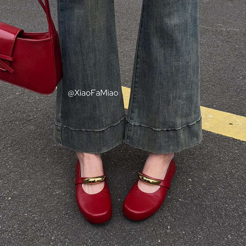 Hand-scratched red Mary Jane single shoes, new fashionable versatile flat-bottomed one-word light-mouth single shoes in spring and autumn 2025