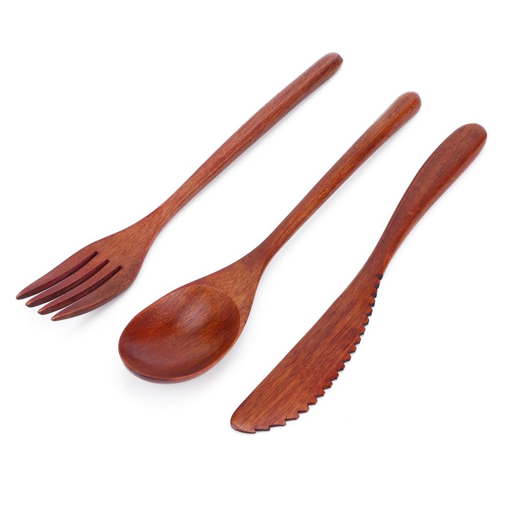 Portable Wooden Cutlery Set Spoon Fork Knife Wood Flatware Dinnerware Tableware with Bag