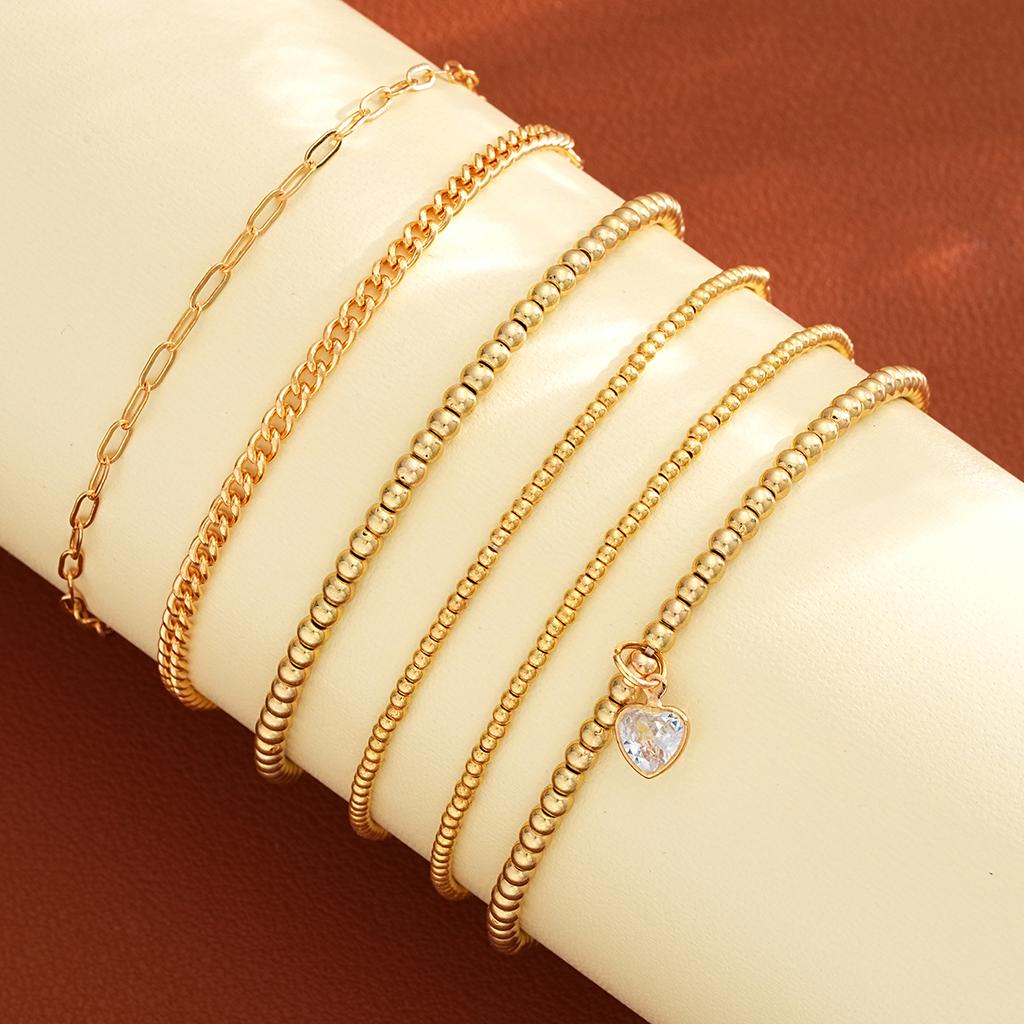 6Pcs/Set Gold Color Heart Crystal Beaded Bracelets for Women Vintage Punk CCB Stretch Pendant Bracelets Set Simple Jewelry Gifts
