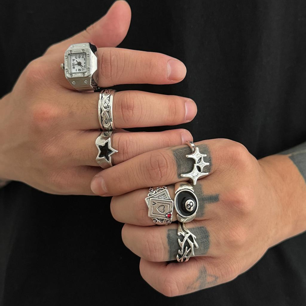 KunJoe 7Pcs/Set Punk Style Poker Watch Rings for Men Hip Hop Irregular Geometry Stars Knuckle Ring Street Jewelry Accessories
