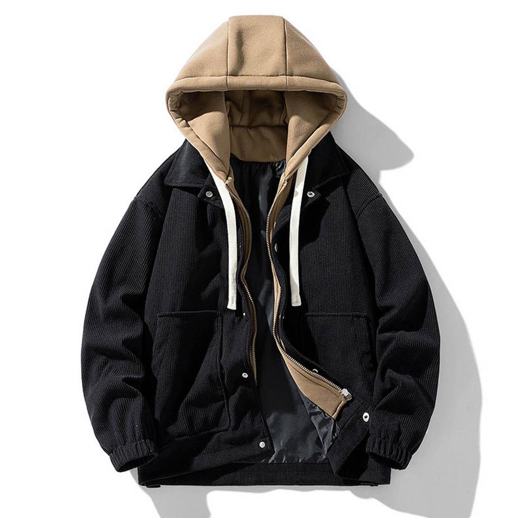 Mens Hooded Corduroy Work Coat Male Fashion Causul Fales Two Piece Autumn And Winter Long Sleeved Outwear Outdoor Hiking Jacket Mens