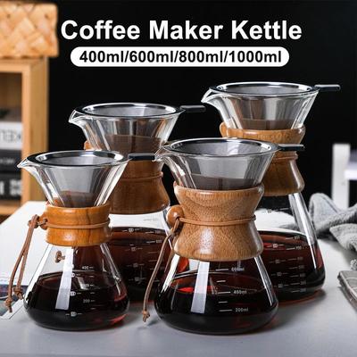 Coffee Maker Kettle Clear Hand Brew Coffee Pot High Borosilicate Glass Stainless Steel Filter Dripper Pour Coffee Server Pot