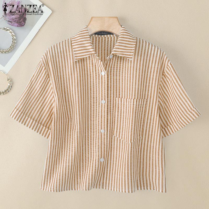 ZANZEA Women Turn Down Collar Summer Short Sleeve Stripe Blouse