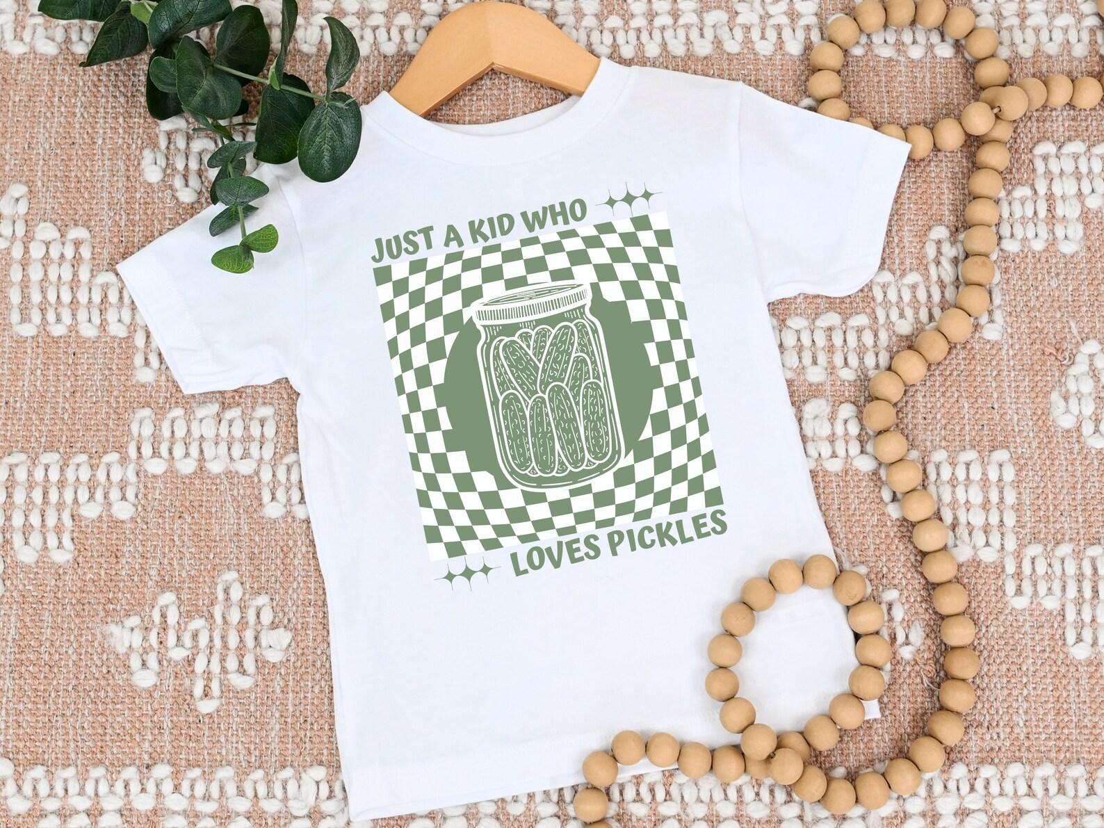 Funny Kids Pickle Shirt, Cute Unisex Retro Style Pickle T-Shirt, Just a Kid Who Loves Pickles Tshirt, Children s Clothing Birthday Gift 110