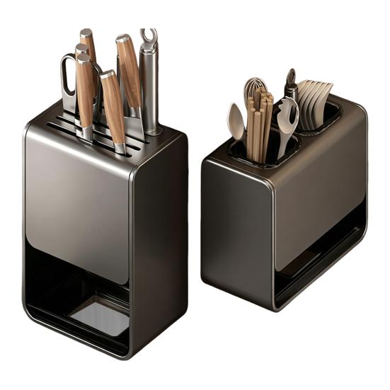 Wall-Mounted Countertop Knife Holder with Drip Tray Space-Saving Carbon Steel Plastic Rack for Kitchen Knives No-Drill Installation Anti-Slip