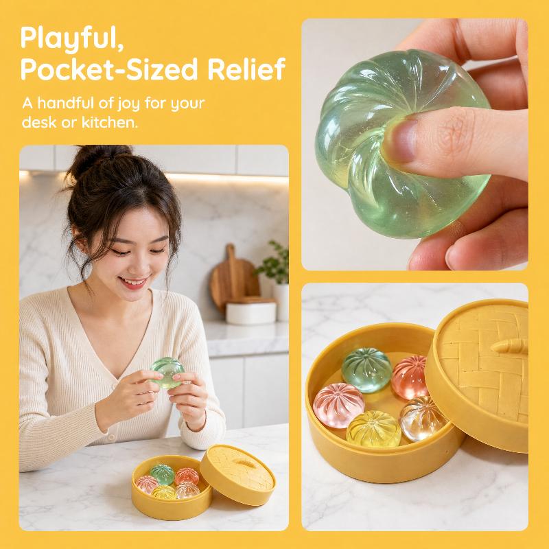 

5Pcs Mini Dumplings With Steamer Bun Squeezable Toys Set Soft Stress Relief Crystal Squishy Fidget Sensory Toy Party Favors Gift 1Set