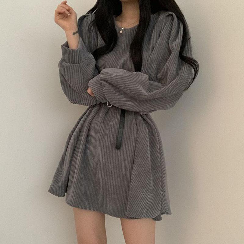 Corduroy Sashes Dresses Women Korean Preppy Puff Sleeves Casual A Line Mini Dress Harajuku Elegant All Match Solid Dress