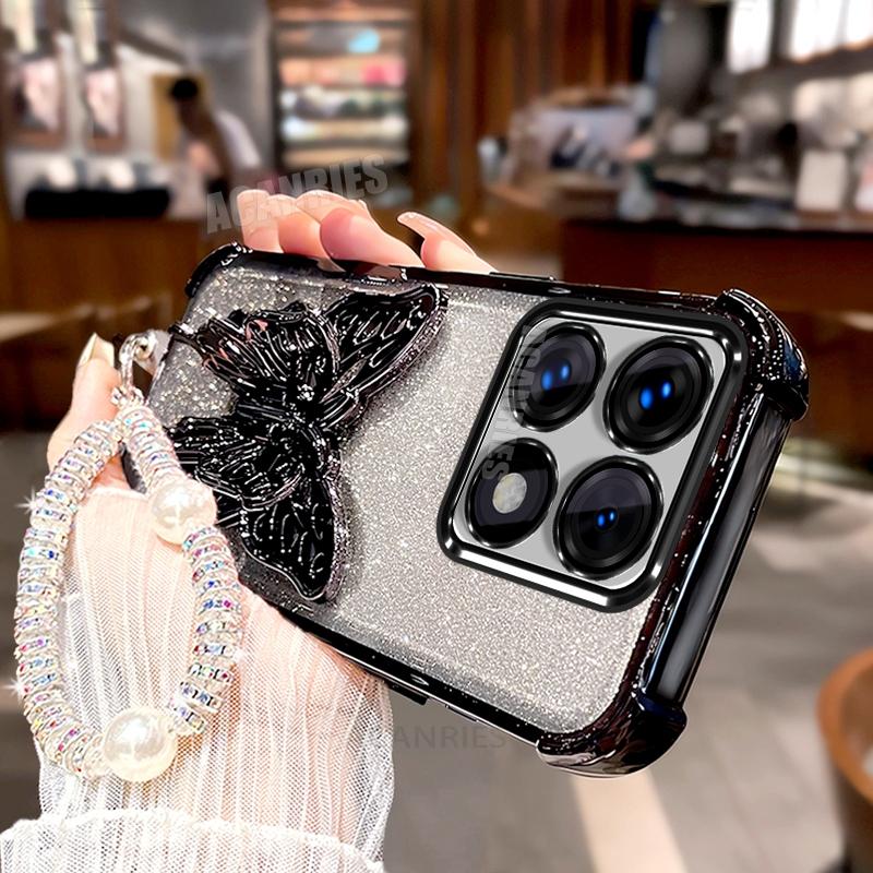 Xiaomi14t Lanyard Plating Butterfly Holder Silicone Case For Xiaomi Mi 14t Pro 13t Mi13t Mi14t Shockproof Stand Cover Mi14tpto