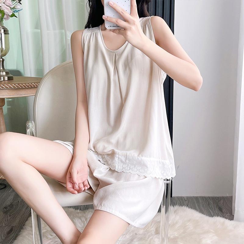 French pajamas sleeveless shorts loose ruffle edge suit women's summer anti-bumping cotton and silk loungewear can be worn outside