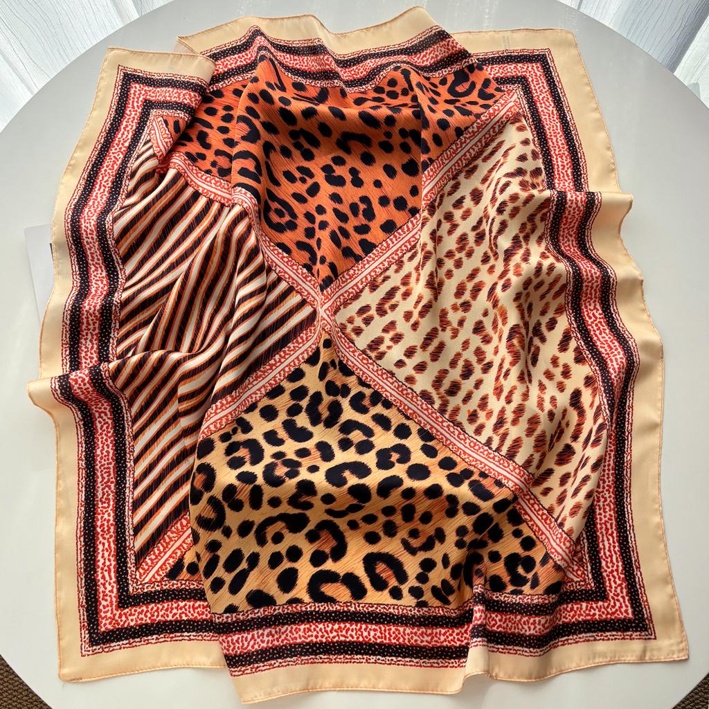 Luxury Square Scarf For Women Fashion Ladies Leopard Print HijabElegant Neckerchief Bandanas Soft Stain Faux Silk Scarves Shawl