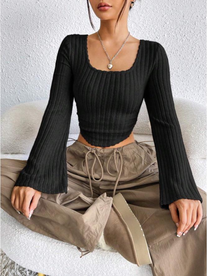 2024 Spring/Summer Women's Square-Neck Ribbed Flare Long-Sleeve T-Shirt