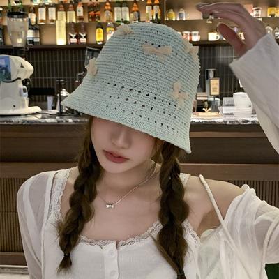 Small Bow Bucket Hat Female Summer Sweet Versatile Plain Hat High Sense Fairy Gas Bucket Hat Basin Hat