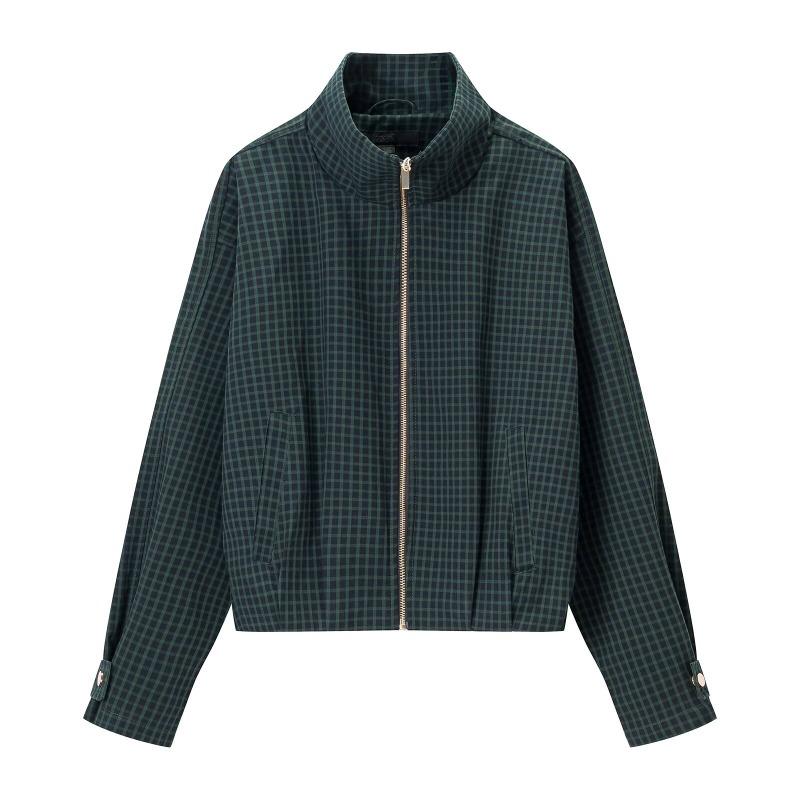 Women Long Sleeve Stand Collar Plaid Pilot Jacket