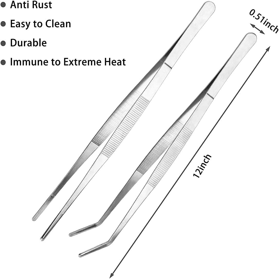 Kitchen Long Tweezers Set, LEEFONE 2 PCS 12 Inch Stainless Steel Food Tweezers with Precision Serrated Tips for Cooking & Baking (Straight + Curved)