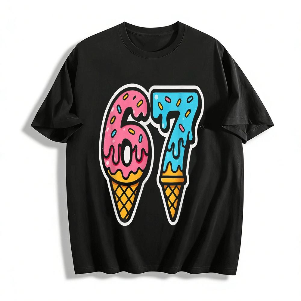Cute Ice Cream Cone Number 67 Print Casual Short Sleeve Pure cotton T-shirt XXS