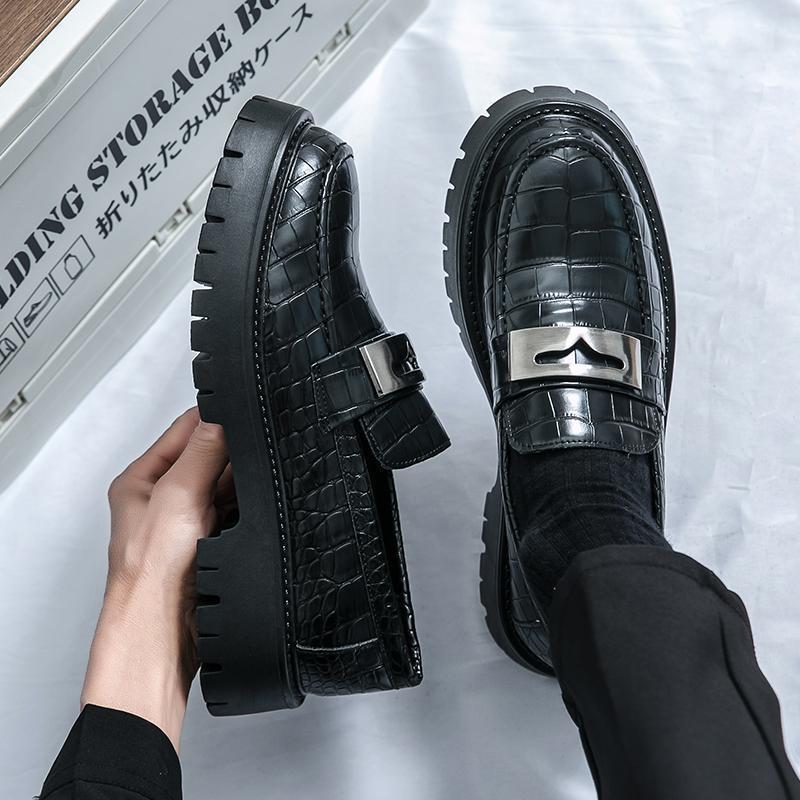 Men's Glossy Leather Thick-Soled Loafers - British Style Slip-On, Large Size, for Spring & Autumn