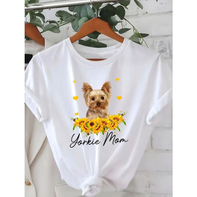 

European Size Women S Yorkie Mom Graphic T-Shirt - Cute Yorkie Dog & Sunflowers with Hearts Print, White Casual Tee with Yorkie Face Paw Print Design 4XL