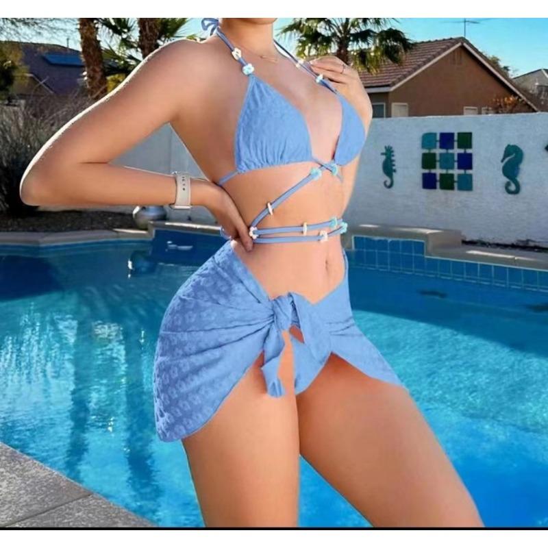 Women's White Textured Halter Bikini Three-Piece Swimsuit with Wrap Skirt Cover-Up