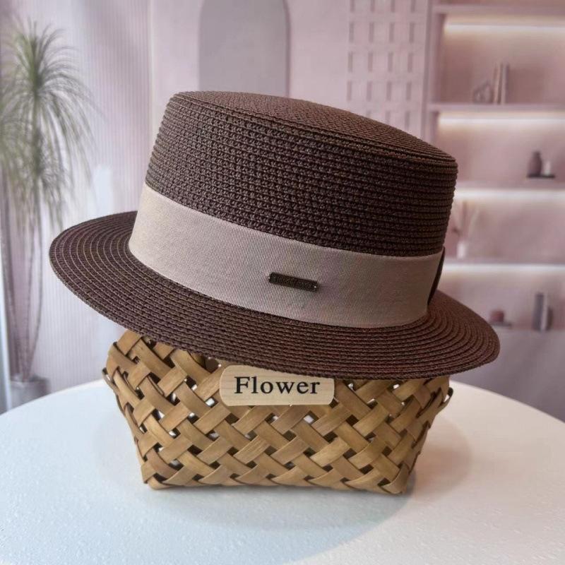 Flat Top Hat Women's Summer Vacation Seaside Panama Hat Flat Edge French Beach Hat Braided Sunshade Sunscreen Top Hat