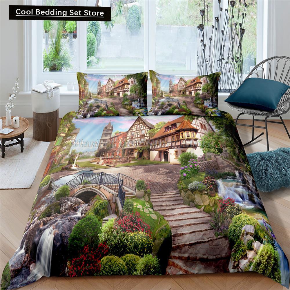 Waterfall king Queen Duvet Cover Floral Trees Bedding Set Natural landscape quilt cover Purple Dream polyester Comforter Cover