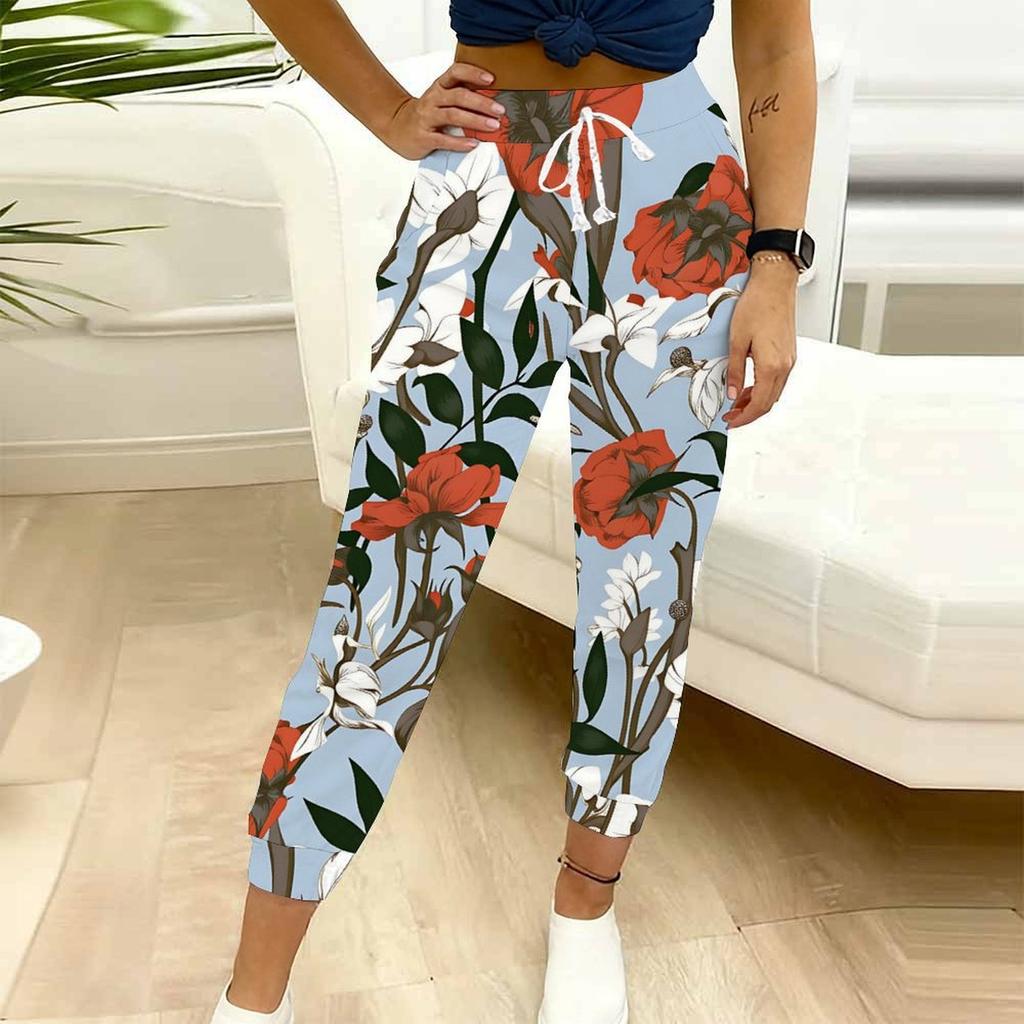 Summer Ladies Fresh Watercolor Printed Sweatpants Loose Fit Drawstring Joggers Elastic Cuff Daily Casual Pants