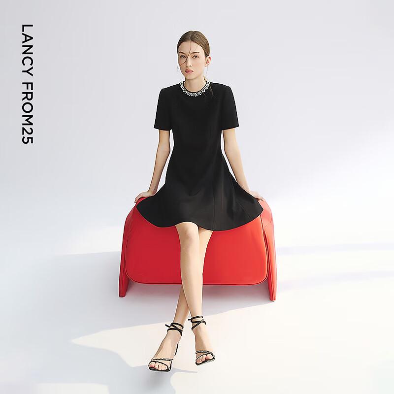 LANCY Focus Series Acetate Blend Waist-Cinching Elegant Midi Dress